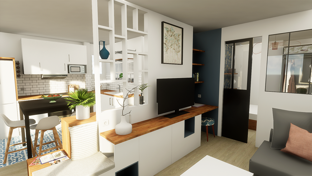 Vue sur le salon et la cuisine appartement de Colombes